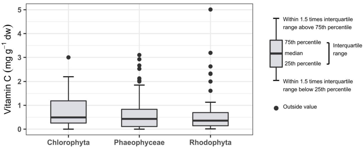 Fig.2 Vitamin C content analysis is presented as statistical output and boxplots. (Nielsen, Rustad & Holdt, 2021)