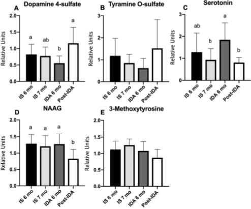 Neuroactive metabolites are altered with IDA and treatment. Metabolomic determinations of (A) dopamine 4-sulfate, (B) tyramine O-sulfate, (C) serotonin, (D) NAAG, and (E) 3-methoxytyrosine in IS or IDA infants before and after treatment.