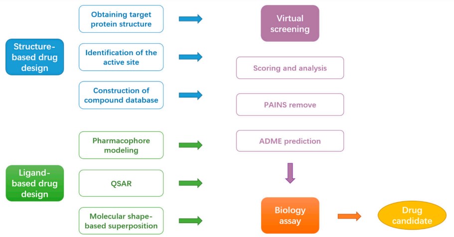 Fig.2 The flowchart detailing commonly used computer-aided drug design (CADD) approaches. (Yu, Dahai, Linlin Wang, and Ye Wang, 2022)